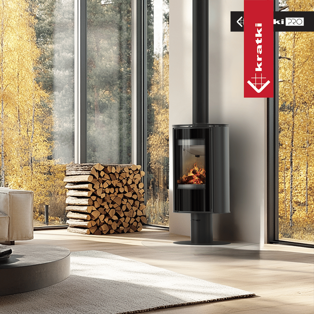 Kaminofen aus Stahl mit Sockel KRATKI ERIK Ø 150 5,5 kW mit Türfeder