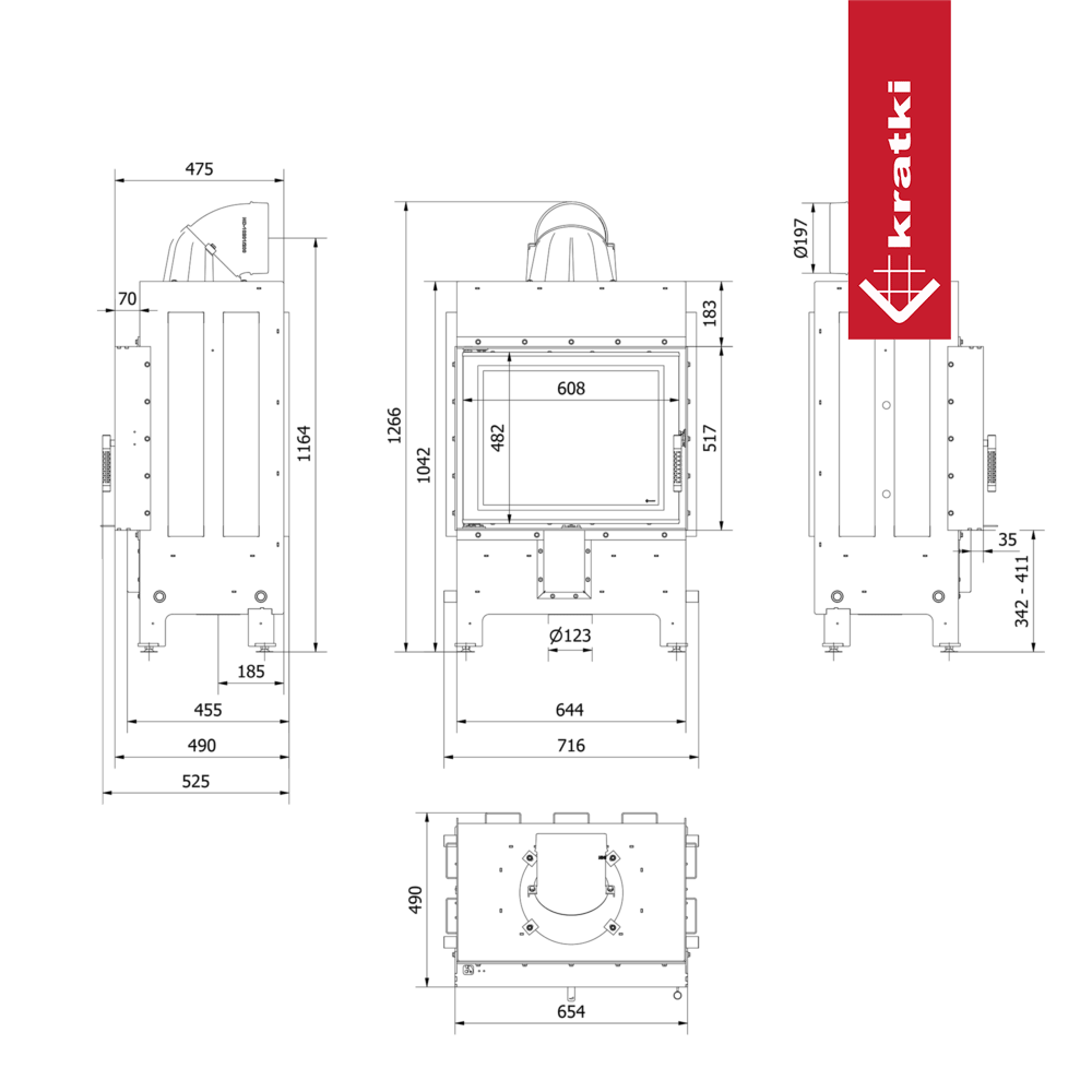 Kamineinsatz aus Stahl KRATKI LUCY 12 kW Ø 200 schwarz Verkleidung