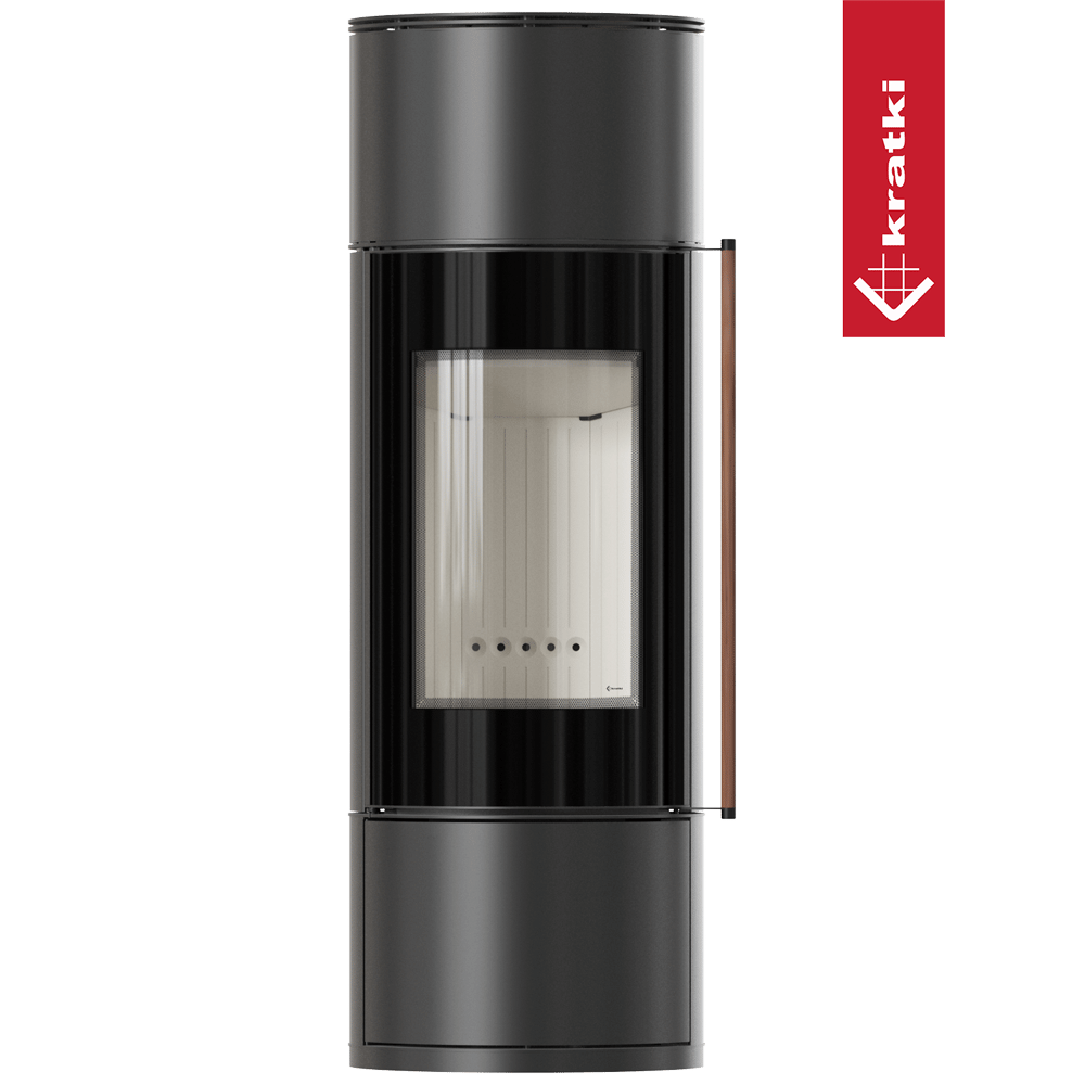 Kaminofen aus Stahl KRATKI AMBLER Ø 150 7 kW mit Türfeder griff aus Jatobaholz