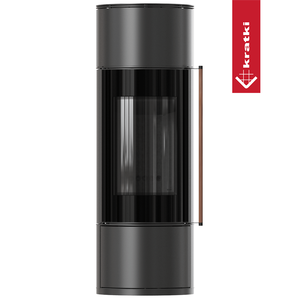Kaminofen aus Stahl KRATKI AMBLER Ø 150 7 kW schwarz mit Türfeder griff Jatobaholz