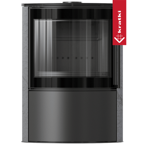 BJORN Ø 150 7 kW freistehender Stahlofen, dekorative GRAY SATIN-Speicherkeramik, Stahlabdeckung; schwarzes Thermotec