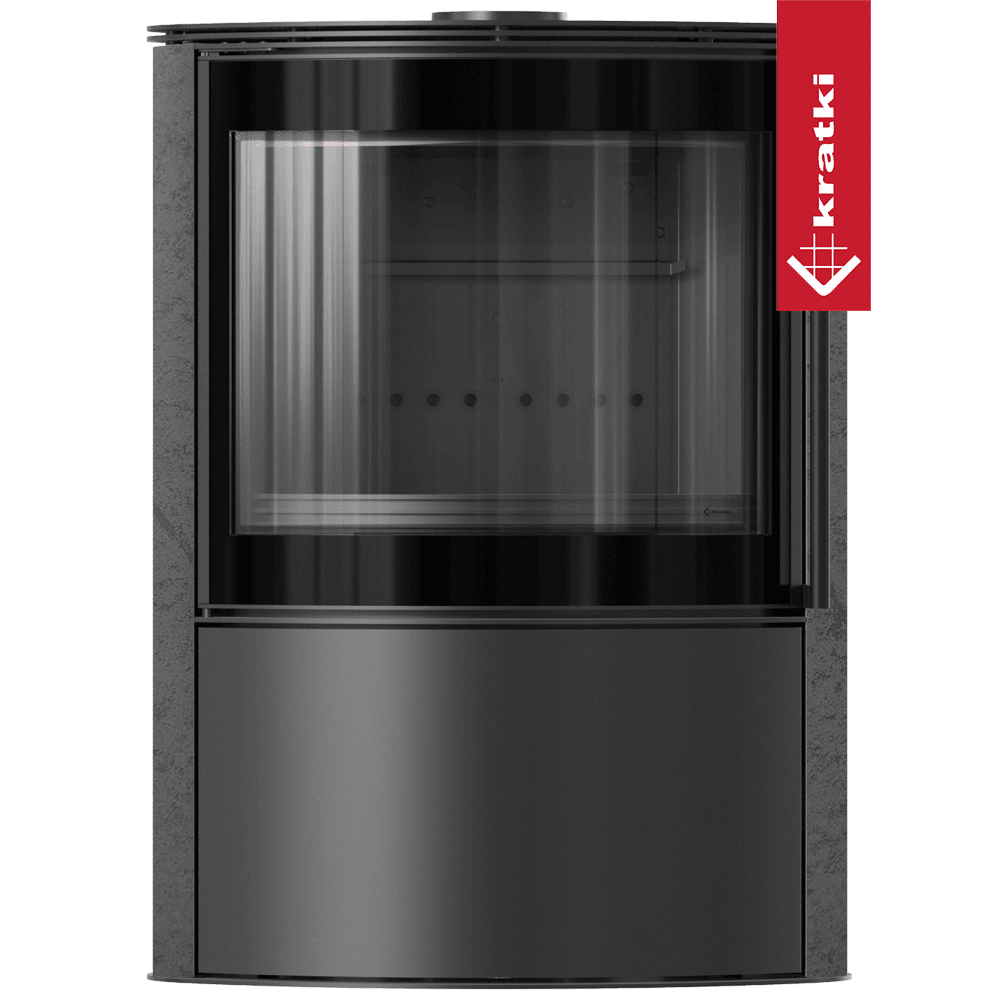BJORN Ø 150 7 kW freistehender Stahlofen, dekorative GRAFITE SATIN-Speicherkeramik, Stahlabdeckung; schwarzes Thermotec; mit Verschlussmechanismus