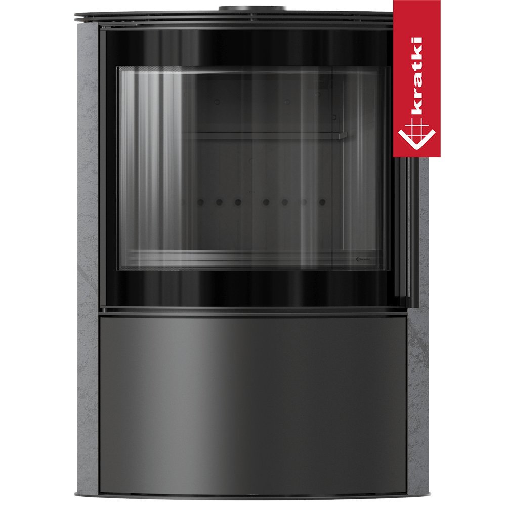 BJORN Ø 150 7 kW freistehender Stahlofen, dekorative GRAY SATIN-Speicherkeramik, Stahlabdeckung; schwarzes Thermotec; mit Verschlussmechanismus