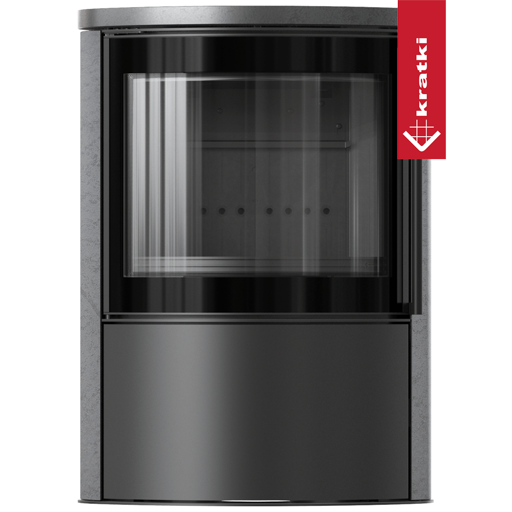 BJORN Ø 150 7 kW freistehender Stahlofen, dekorative GRAY SATIN-Speicherkeramik, Keramikabdeckung; schwarzes Thermotec; mit Verschlussmechanismus