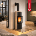 BJORN Ø 150 7 kW freistehender Stahlofen Hochdekorative GOLD SATIN Speicherkeramik; Keramikabdeckung