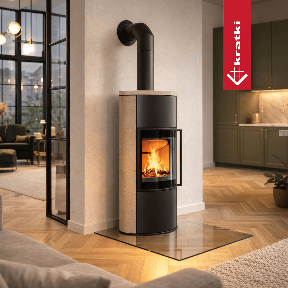 BJORN Ø 150 7 kW freistehender Stahlofen Hochdekorative GOLD SATIN Speicherkeramik; Keramikabdeckung