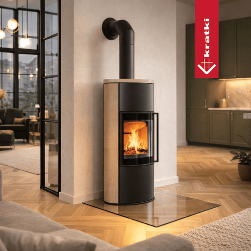 BJORN Ø 150 7 kW freistehender Stahlofen Hochdekorative GOLD SATIN Speicherkeramik; Keramikabdeckung