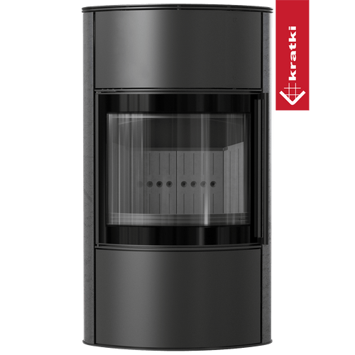 BJORN Ø 150 7 kW freistehender Stahlofen Hohe dekorative GRAFITE SATIN-Speicherkeramik; Stahlabdeckung; schwarzes Thermotec