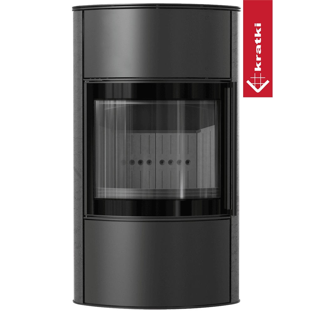 BJORN Ø 150 7 kW freistehender Stahlofen Hohe dekorative GRAFITE SATIN-Speicherkeramik; Stahlabdeckung; schwarzes Thermotec; mit Verschlussmechanismus