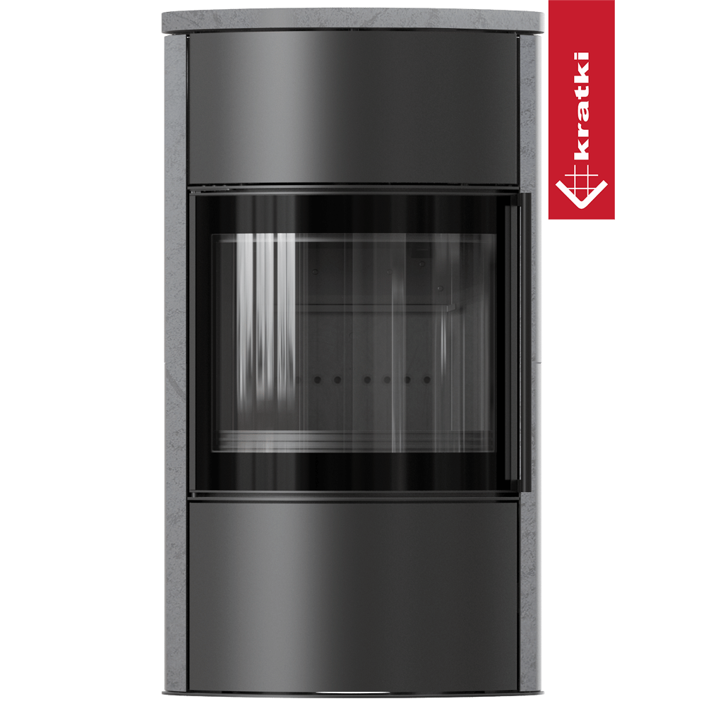 BJORN freistehender Stahlofen Ø 150 7 kW Hochdekorative Speicherkeramik GRAY SATIN; Keramikabdeckung; schwarzes Thermotec