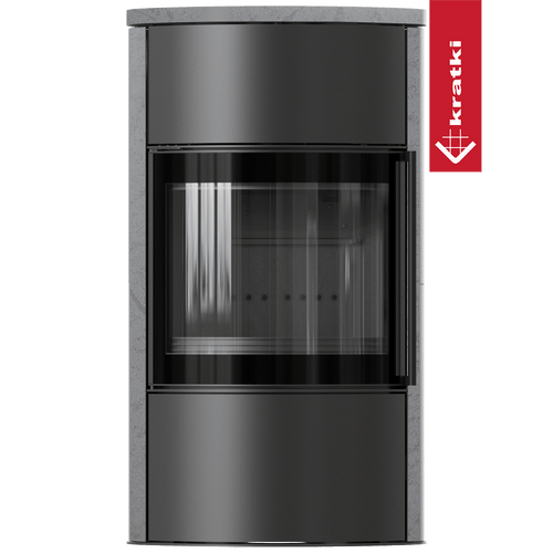 BJORN freistehender Stahlofen Ø 150 7 kW Hochdekorative Speicherkeramik GRAY SATIN; Keramikabdeckung; schwarzes Thermotec