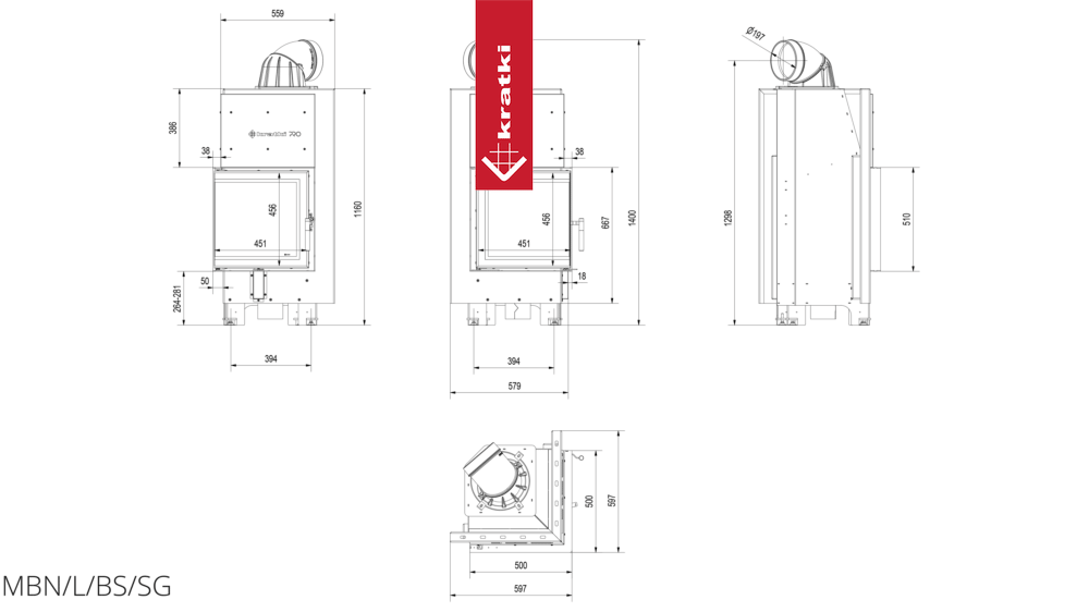 Kamineinsatz aus Stahl KRATKI MBN links 8 kW Ø 200 gebogenes Glas