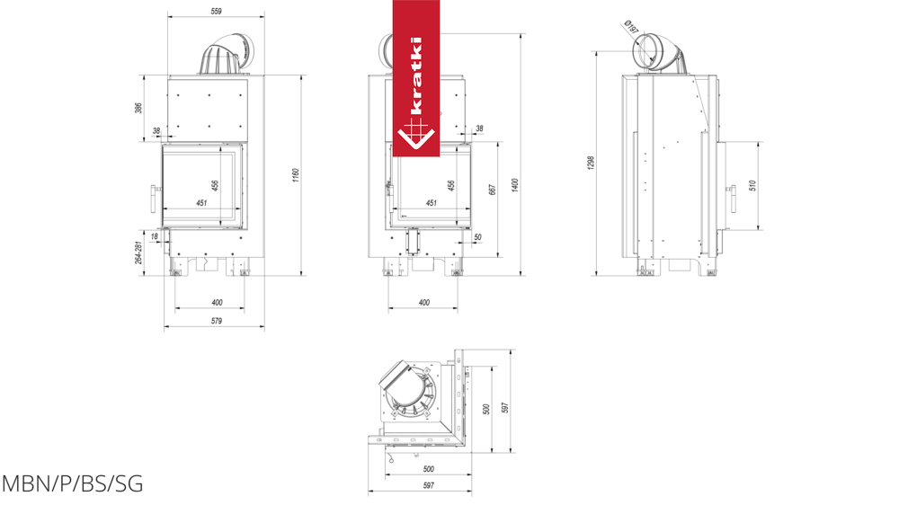 Kamineinsatz aus Stahl KRATKI MBN rechts 8 kW Ø 200 gebogenes Glas