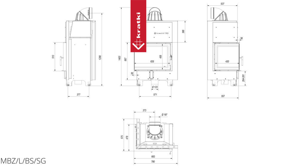 Kamineinsatz aus Stahl KRATKI MBZ links 13 kW Ø 200 gebogenes Glas