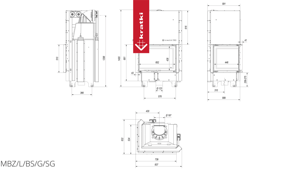 Kamineinsatz aus Stahl KRATKI MBZ links 13 kW Ø 200 mit Schiebetür gebogenes Glas