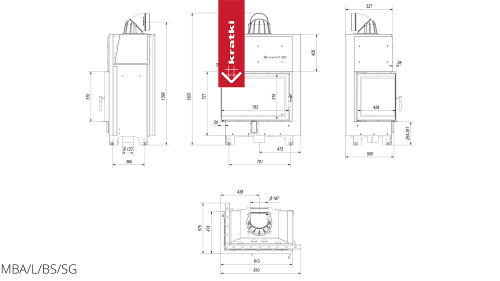 Kamineinsatz aus Stahl KRATKI MBA links 17 kW Ø 200 gebogenes Glas