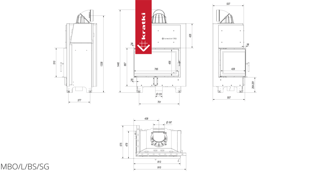 Kamineinsatz aus Stahl KRATKI MBO links 15 kW Ø 200 gebogenes Glas