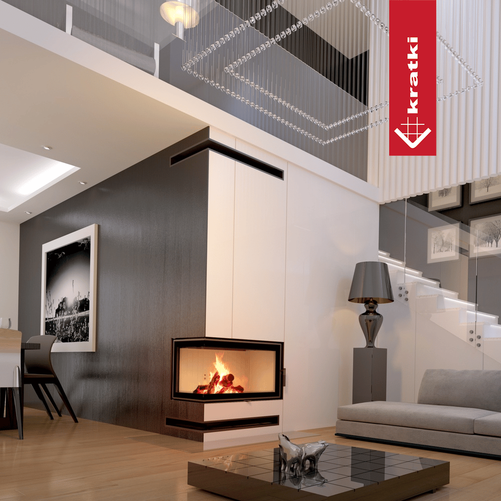 Kamineinsatz aus Stahl KRATKI MBO links 15 kW Ø 200 gebogenes Glas