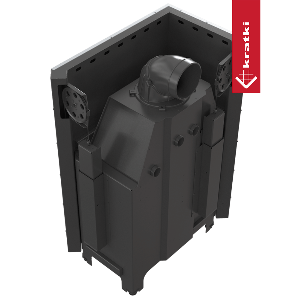 Kamineinsatz aus Stahl KRATKI MBO links 15 kW Ø 200 mit Schiebetür gebogenes Glas