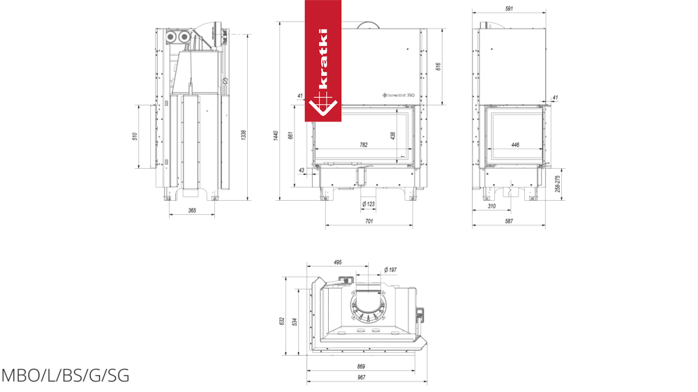 Kamineinsatz aus Stahl KRATKI MBO links 15 kW Ø 200 mit Schiebetür gebogenes Glas