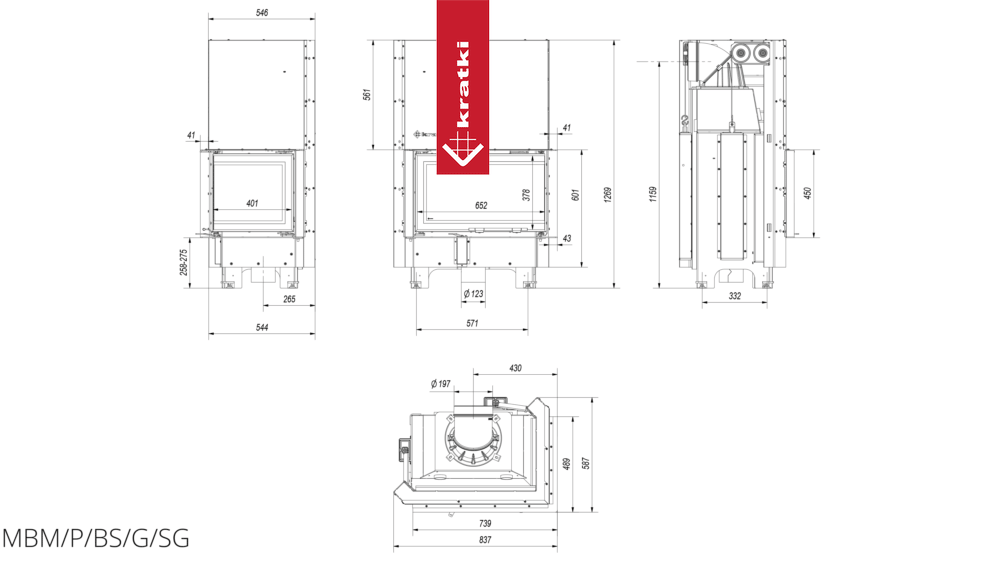 Kamineinsatz aus Stahl KRATKI MBM rechts 10 kW Ø 200 mit Schiebetür gebogenes Glas