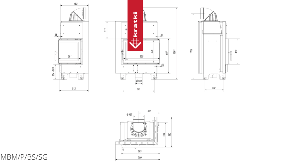 Kamineinsatz aus Stahl KRATKI MBM rechts 10 kW Ø 200 gebogenes Glas