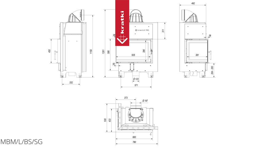 Kamineinsatz aus Stahl KRATKI MBM links 10 kW Ø 200 gebogenes Glas