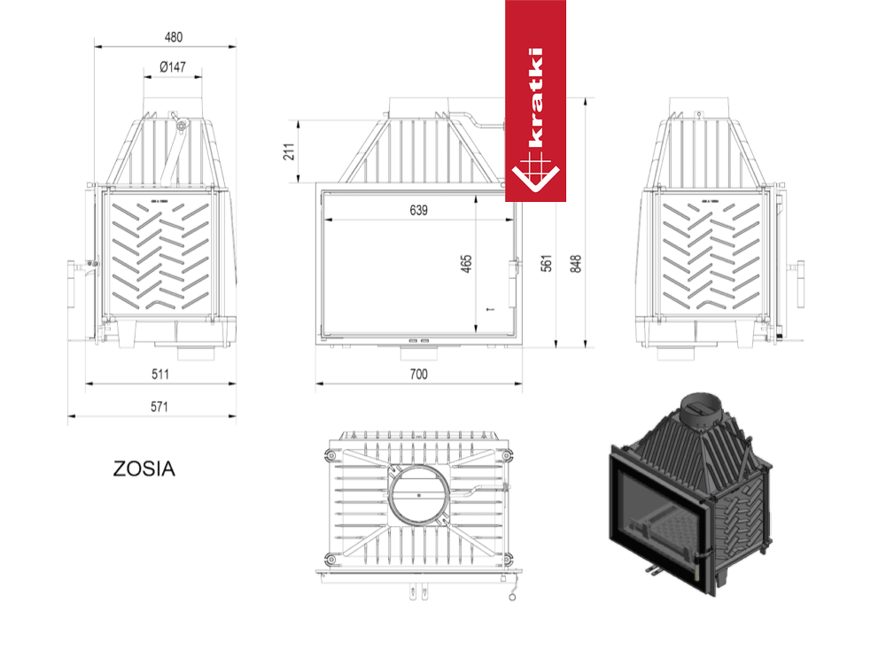 Kamineinsatz Gusseisen KRATKI ZOSIA 12 kW Ø 150
