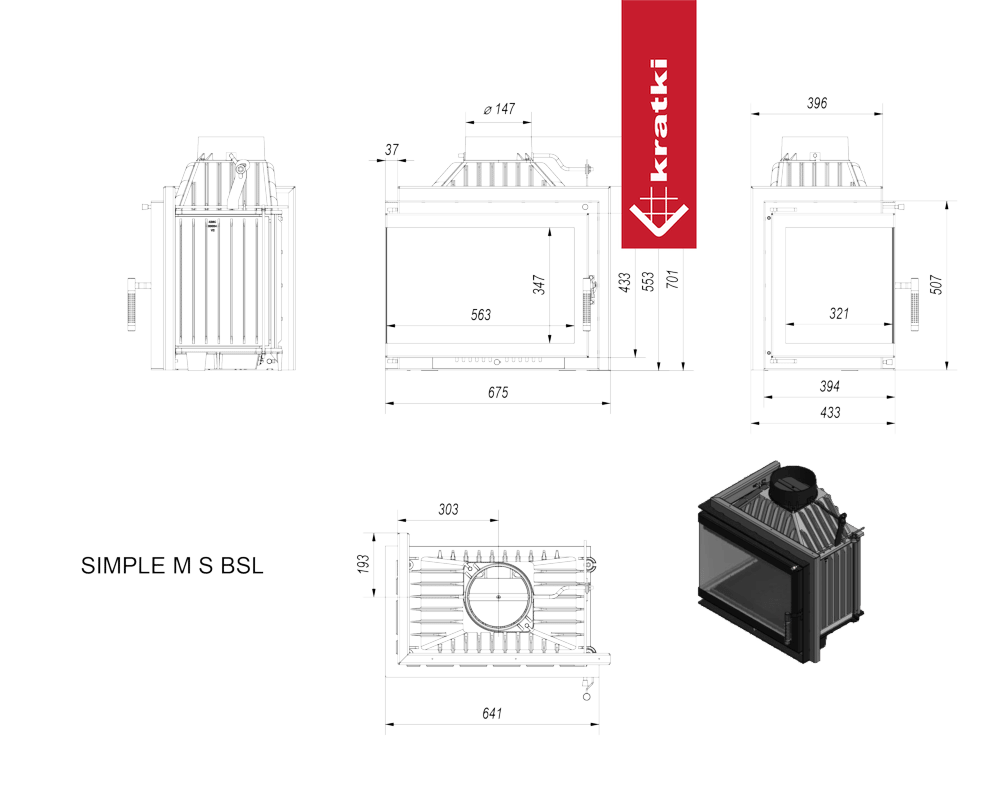 Kamineinsatz Gusseisen KRATKI SIMPLE links 8 kW Ø 150