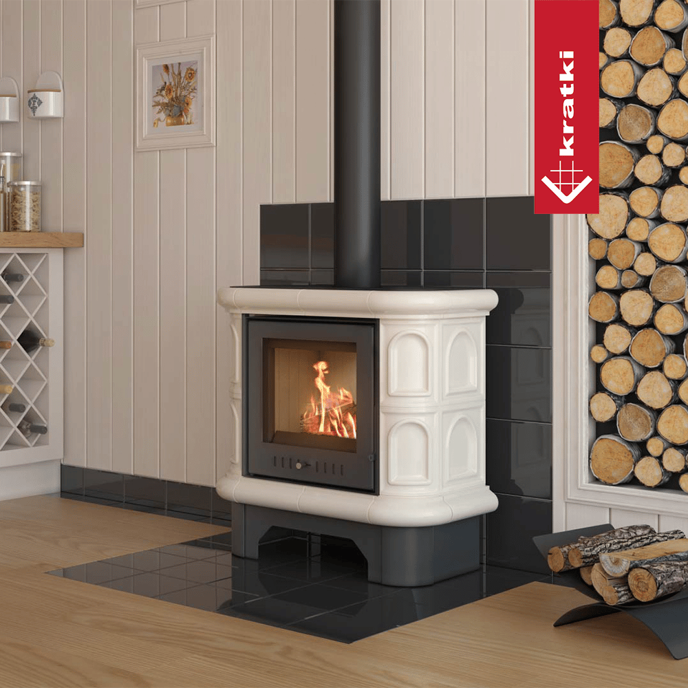 Kachelofen aus stahl KRATKI WK440 Ø 130 5,5 kW creme Kachel