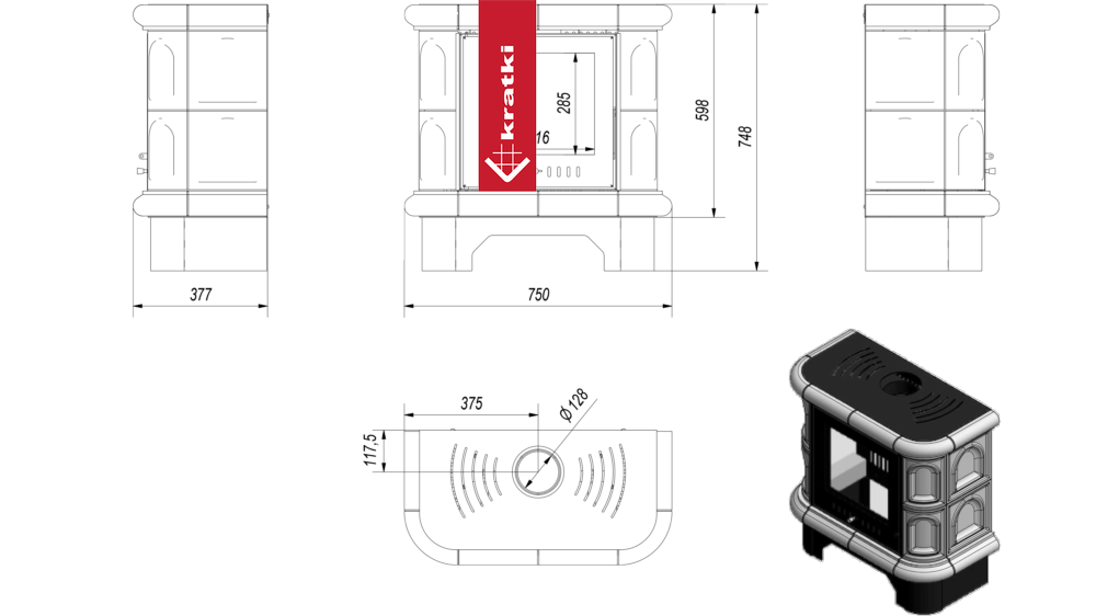 Kachelofen aus stahl KRATKI WK440 Ø 130 5,5 kW creme Kachel