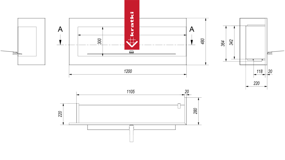 Wandkamin Bioethanol Eckkaminl DELTA rechts 120 cm TÜV
