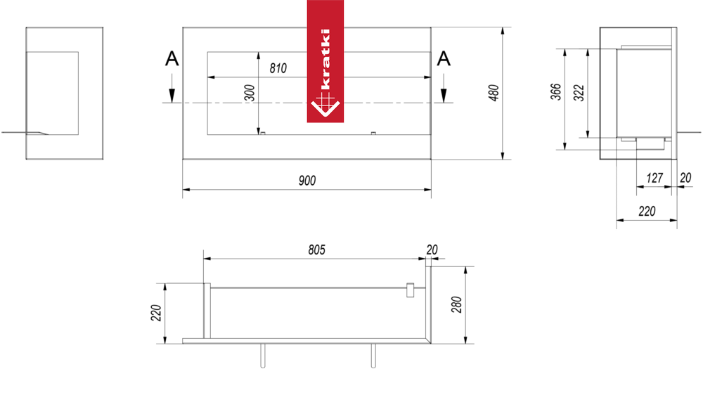 Wandkamin Bioethanol DELTA 900 TÜV rechts