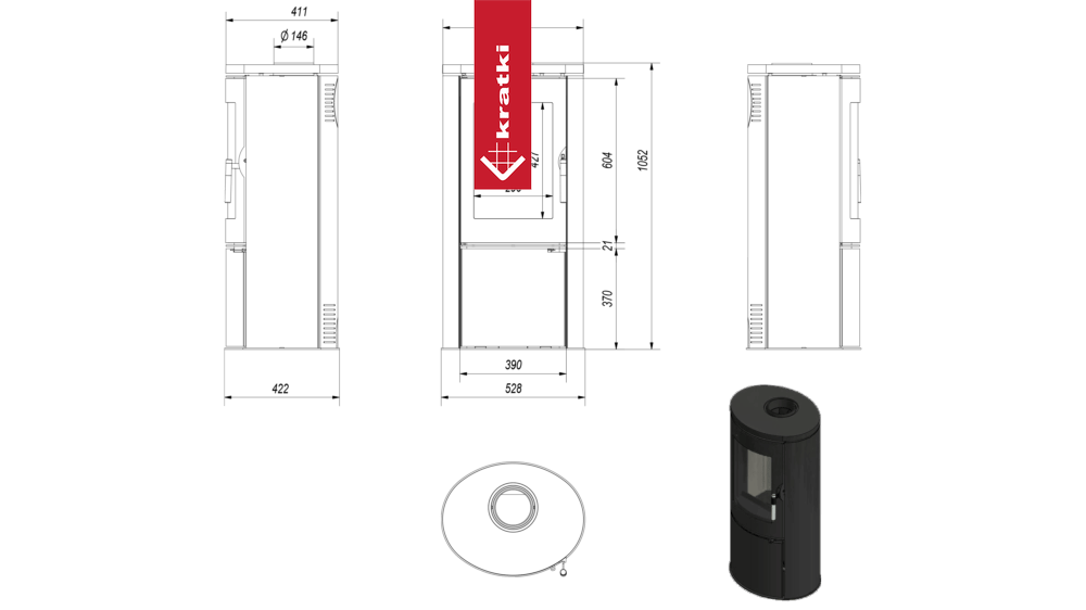 Stahl-Gusseisen Kaminofen KRATKI AB Ø 150 8 kW