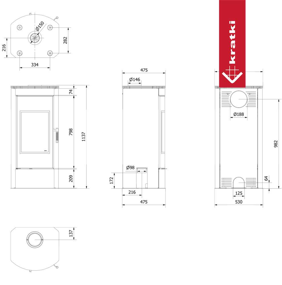 Kaminofen aus Stahl KRATKI TITAN Panorama Ø 150 11 kW