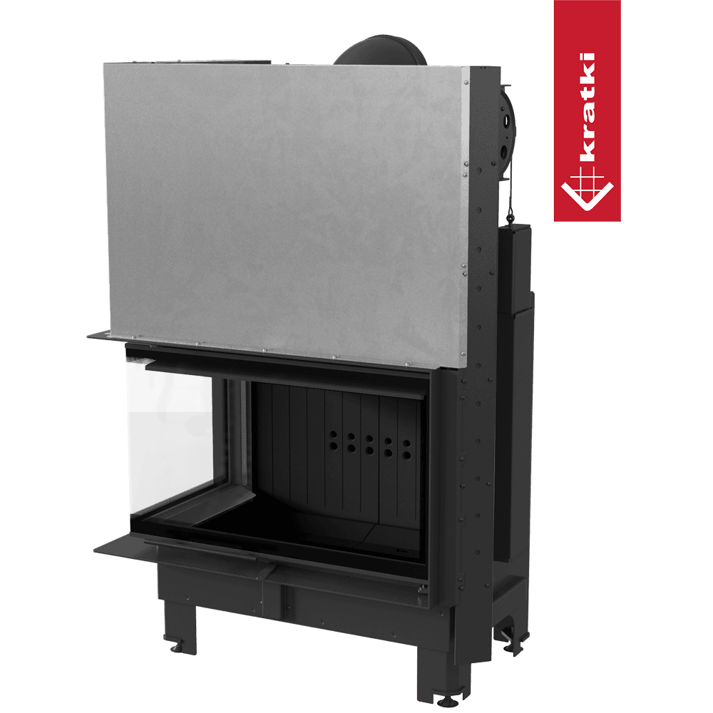 Kamineinsatz KRATKI MBO links 15 kW Ø 200 mit Schiebetür gebogenes Glas schwarz Verkleidung