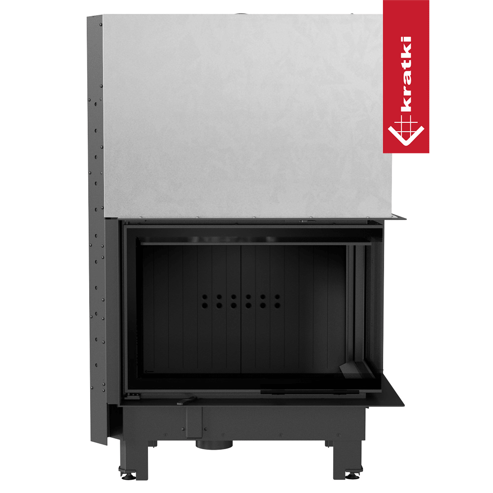 Kamineinsatz KRATKI MBM rechts 10 kW Ø 200 mit Schiebetür gebogenes Glas schwarz Verkleidung