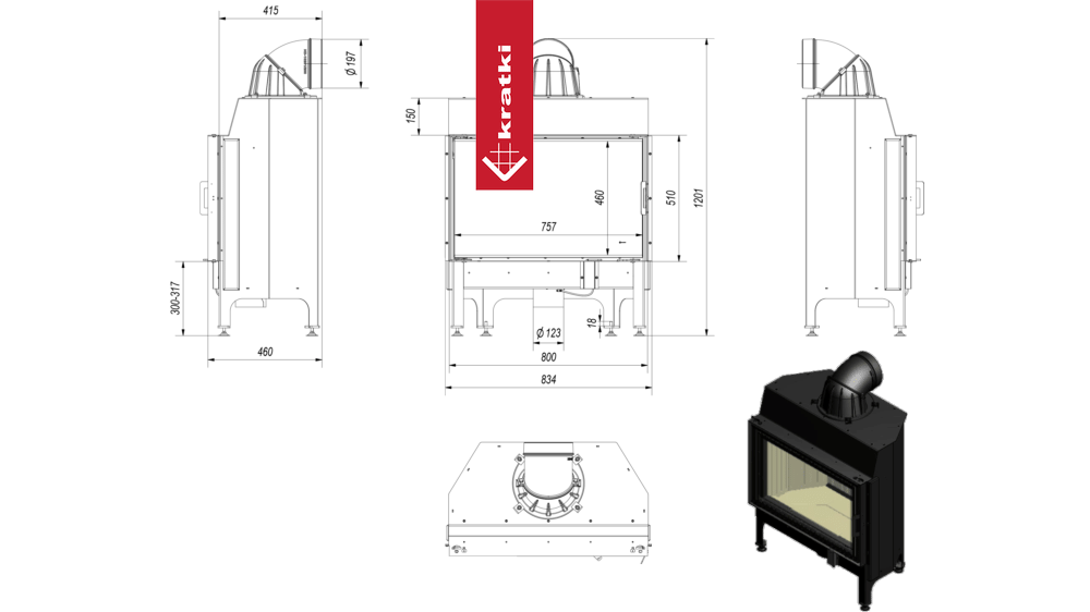 Kamineinsatz aus Stahl KRATKI NADIA 12 kW Ø 200 schwarz Verkleidung