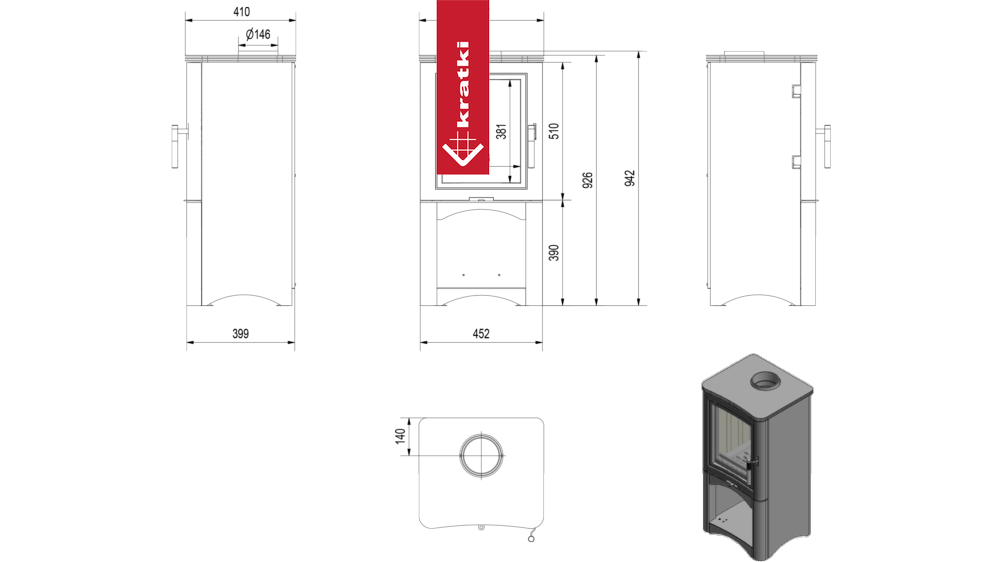 Kaminofen aus Stahl KRATKI K5 Ø 150 7 kW Holzregal schwarz Verkleidung