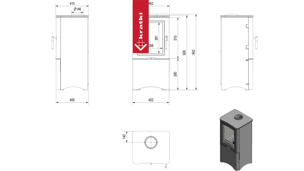 Kaminofen aus Stahl KRATKI K5 Ø 150 7 kW regal für holz mit Tür schwarz Verkleidung