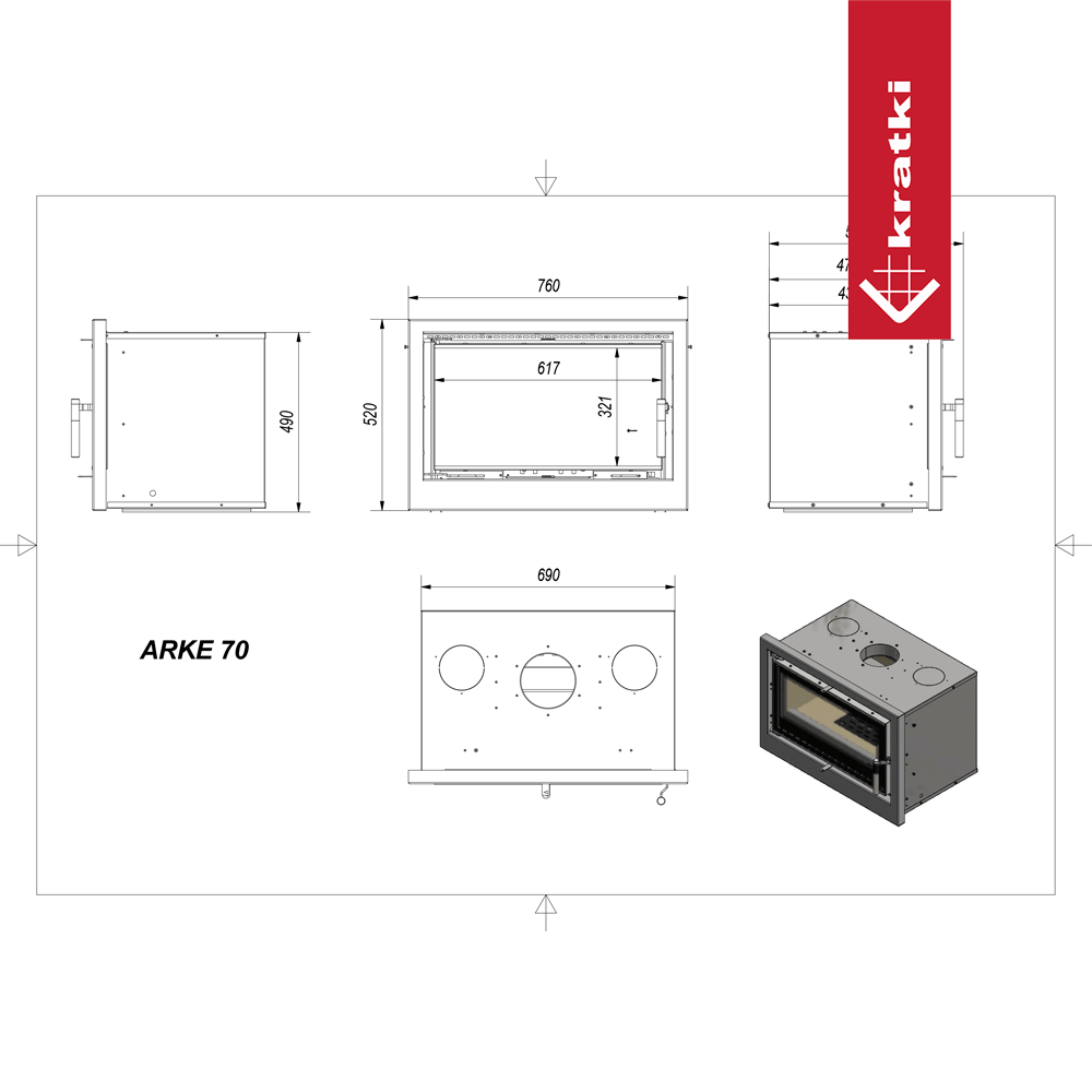 Kamin-Kassette KRATKI ARKE 70 8 kW Ø 150 schwarz Verkleidung