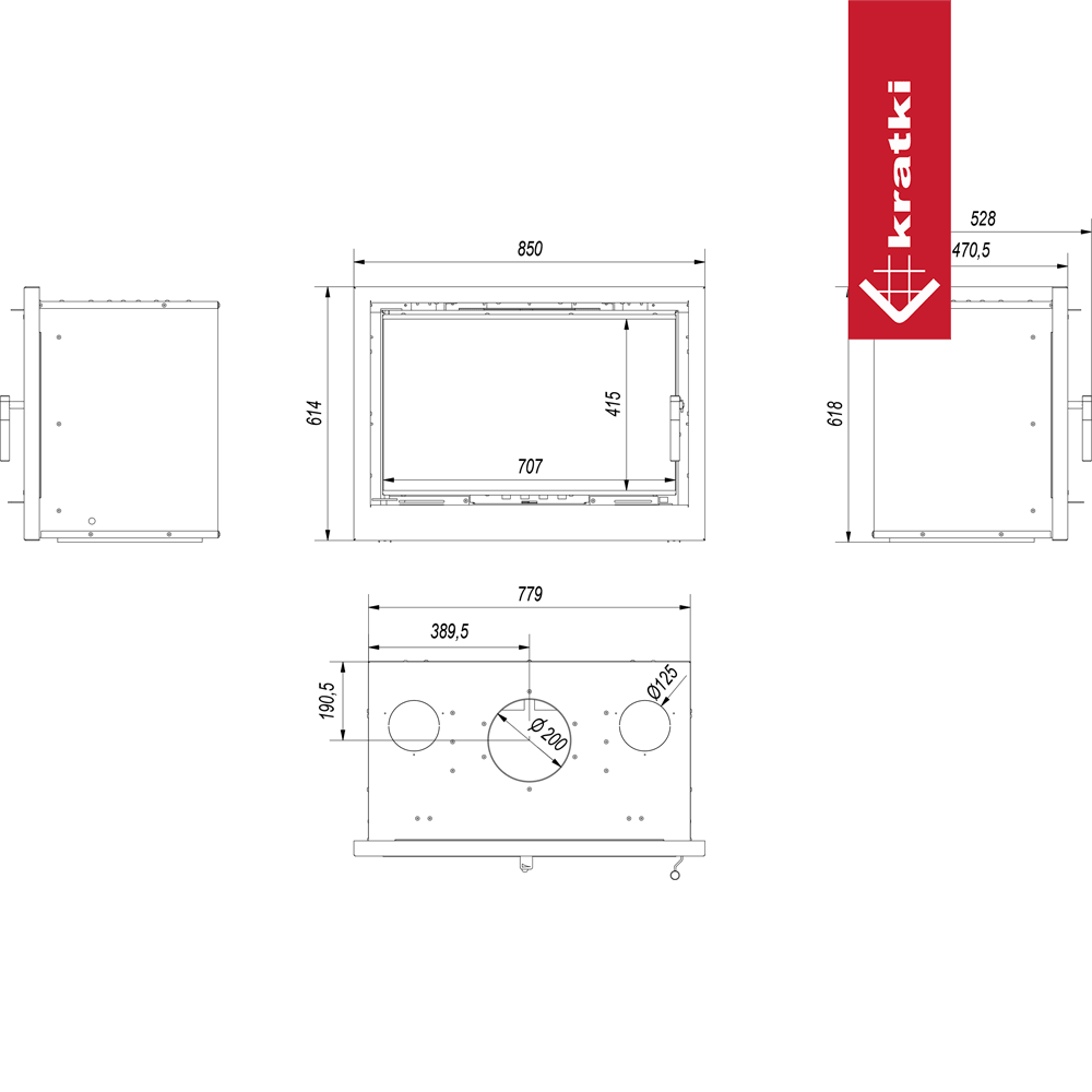 Kamin-Kassette KRATKI ARKE 80 12 kW Ø 200 schwarz Verkleidung