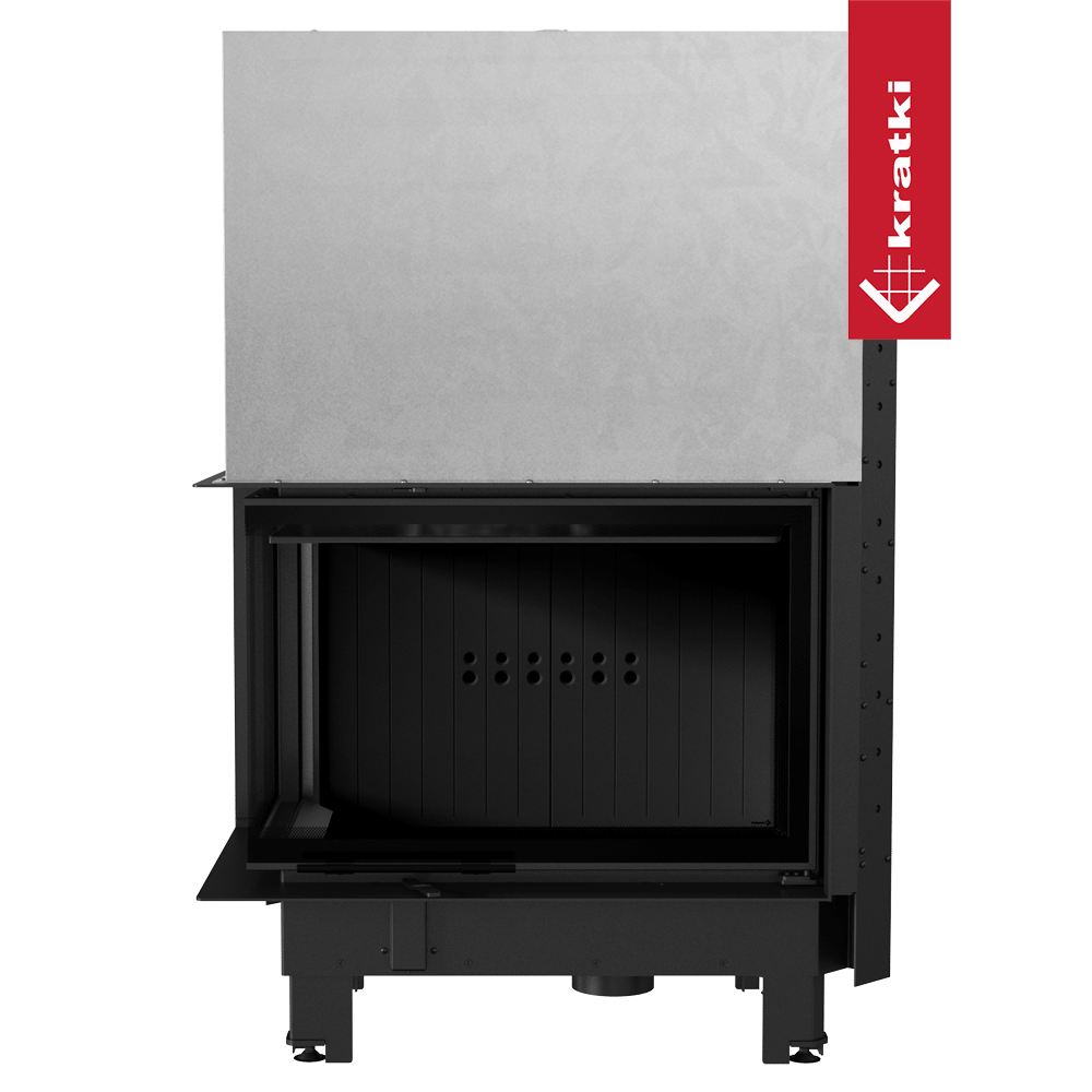 Kamineinsatz KRATKI MBA links 17 kW Ø 200 mit Schiebetür gebogenes Glas schwarz Verkleidung