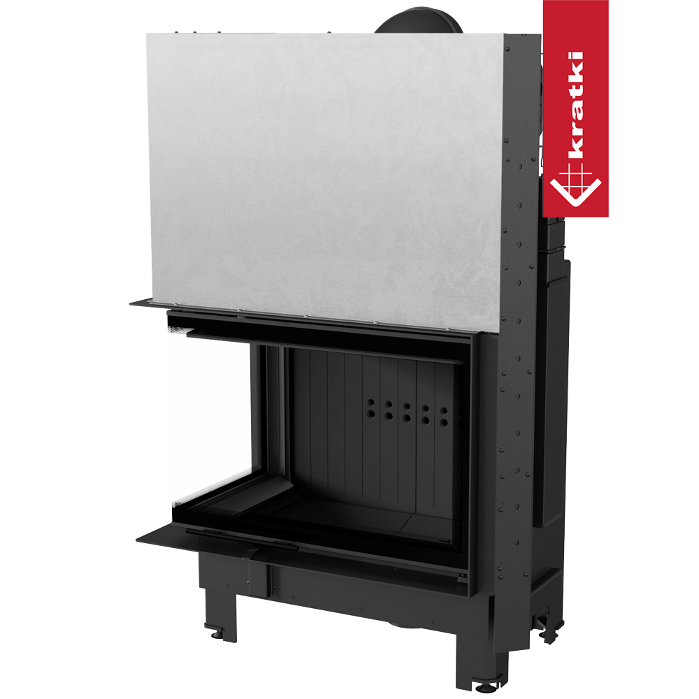 Kamineinsatz KRATKI MBA links 17 kW Ø 200 mit Schiebetür gebogenes Glas schwarz Verkleidung