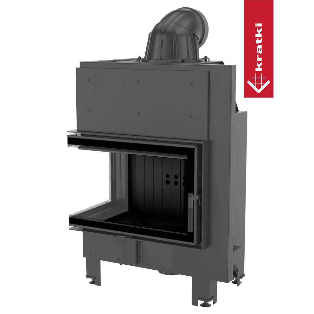 Kamineinsatz aus Stahl KRATKI MBM links 10kW Ø200 gebogenes Glas schwarz Verkleidung