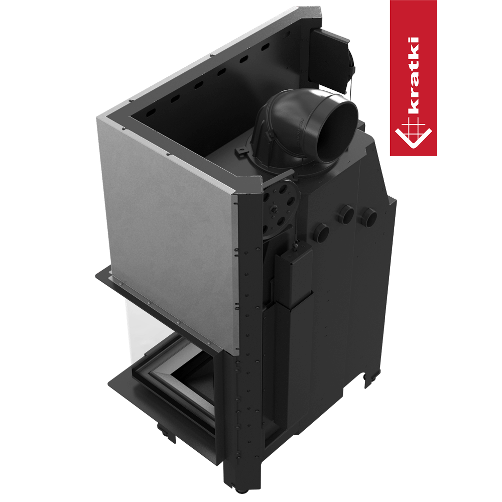 Kamineinsatz KRATKI MBO rechts 15 kW Ø 200 mit Schiebetür gebogenes Glas schwarz Verkleidung