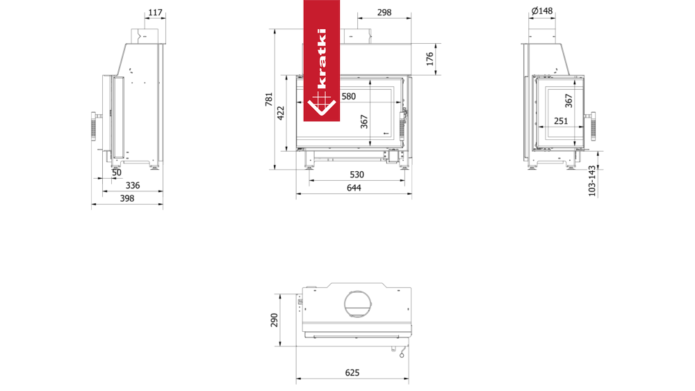 Kamineinsatz aus Stahl KRATKI SIMPLE links 6 kW Ø 150