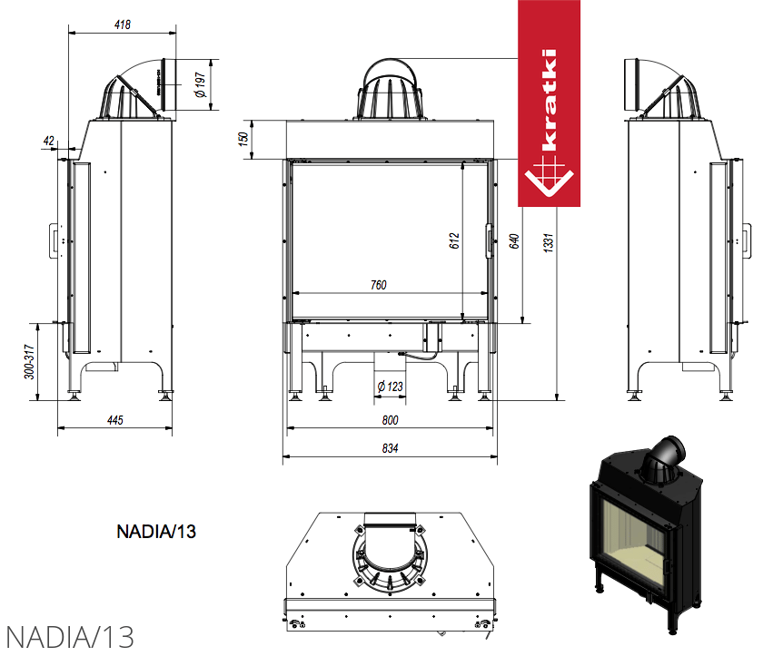 Kamineinsatz aus Stahl KRATKI NADIA 13 kW Ø 200 Doppelverglassung