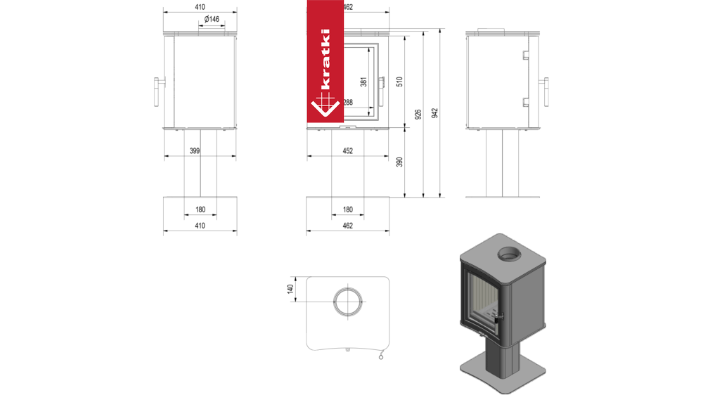 Kaminofen aus Stahl säulenfuß KRATKI K5 Ø 150 7 kW